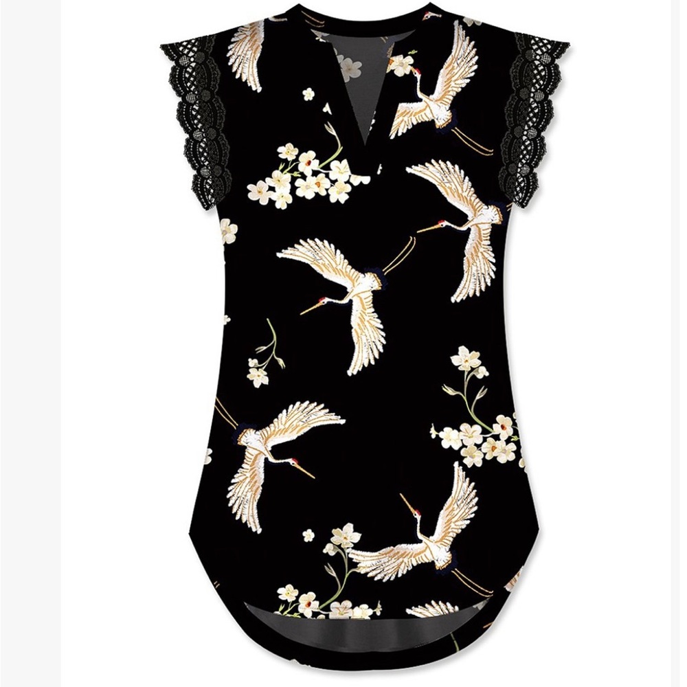 black and cream, V-neck top with lace cap sleeves